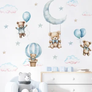 Watercolor Bear Hot Air Balloon Cloud Wall Stickers Blue Color for Kids Room Baby Nursery Room Wall Decals Boy Room Stickers