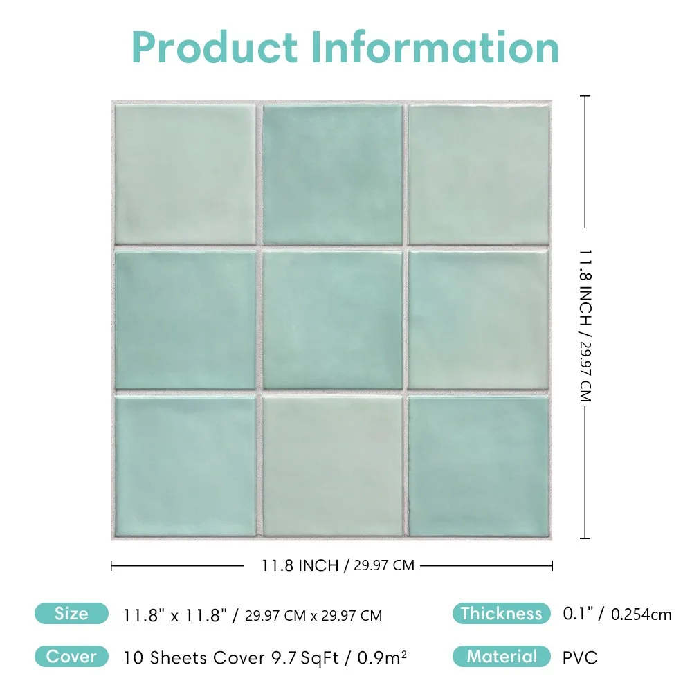 3D Tile Stickers, Self-adhesive Green Tile Backsplash for Kitchen Bathroom, Waterproof, Matt, 30 x 30cm, Interior Wall Decor - Image 3