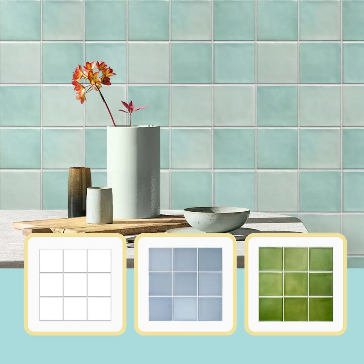 3D Tile Stickers, Self-adhesive Green Tile Backsplash for Kitchen Bathroom, Waterproof, Matt, 30 x 30cm, Interior Wall Decor